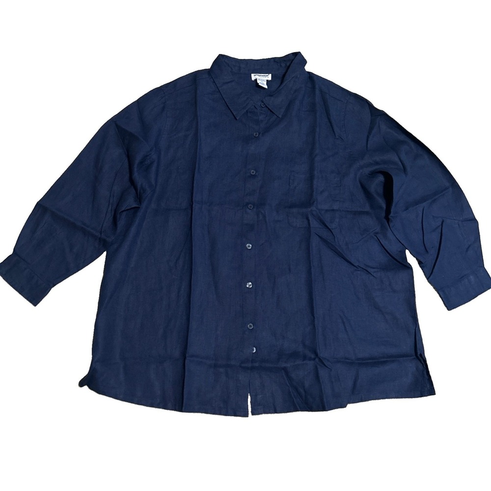 Bridgewater Studio 100% Linen Shirt Women's 3X Navy Blue Button Front 3/4 Sleeve